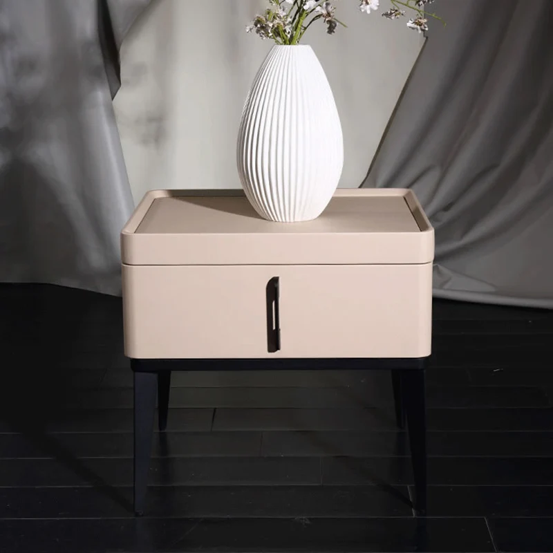 Contemporary Matte Metal Faux Leather Bedside Table - 1-Drawer Nightstand For Bedroom