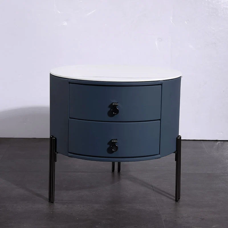 Contemporary Sintered Stone Top Metal Legs Nightstand - 2 Drawers Bedside Cabinet For Bedroom