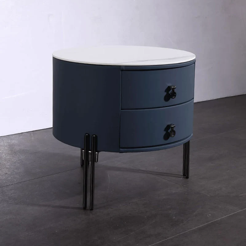 Contemporary Sintered Stone Top Metal Legs Nightstand - 2 Drawers Bedside Cabinet For Bedroom