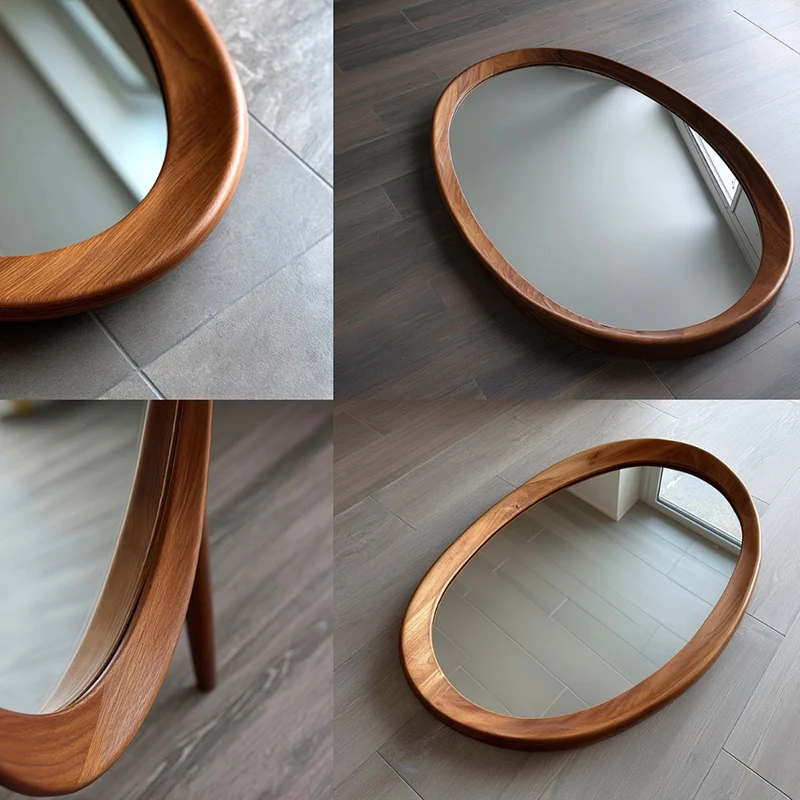 Traditional Vintage Oval Rubberwood Solid Wood Tempered Glass Wall Mirror For Bedroom
