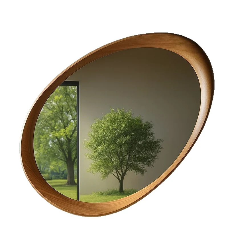 Traditional Vintage Oval Rubberwood Solid Wood Tempered Glass Wall Mirror For Bedroom