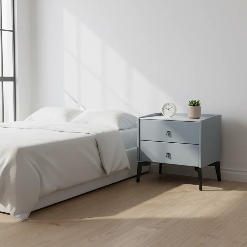 Stylish & Textured Nordic Nightstand - Sintered Rock Stone Top Airplane-Shaped Iron Legs Bedside Table 2-Drawer For Bedroom