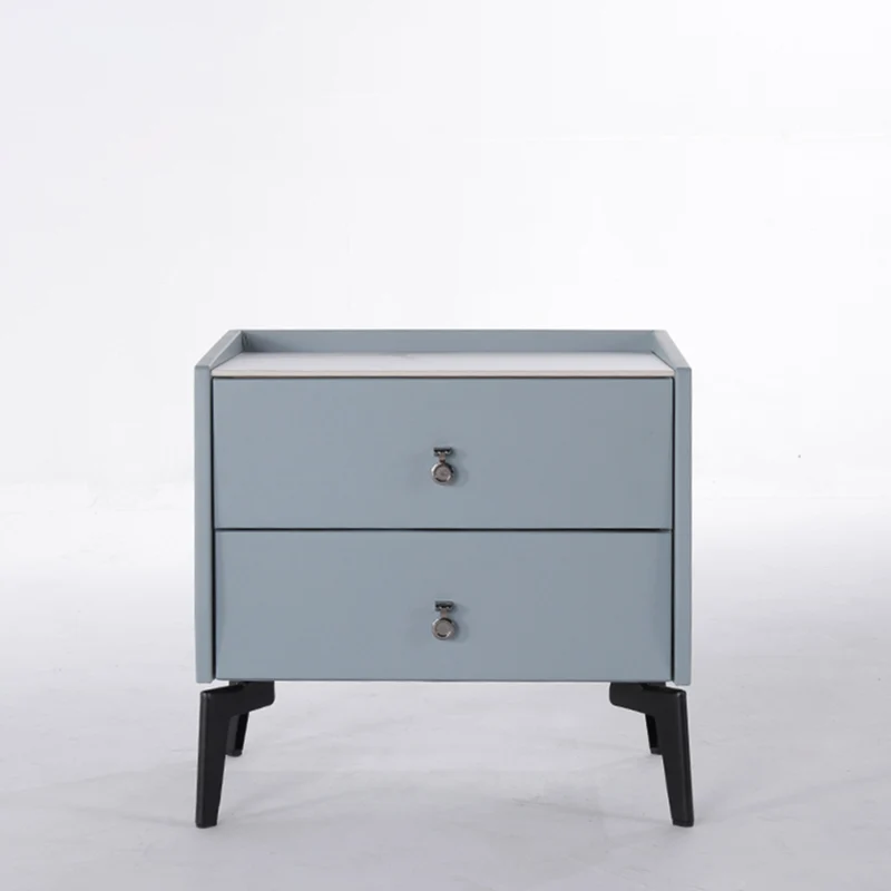Stylish & Textured Nordic Nightstand - Sintered Rock Stone Top Airplane-Shaped Iron Legs Bedside Table 2-Drawer For Bedroom
