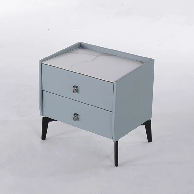 Stylish & Textured Nordic Nightstand - Sintered Rock Stone Top Airplane-Shaped Iron Legs Bedside Table 2-Drawer For Bedroom