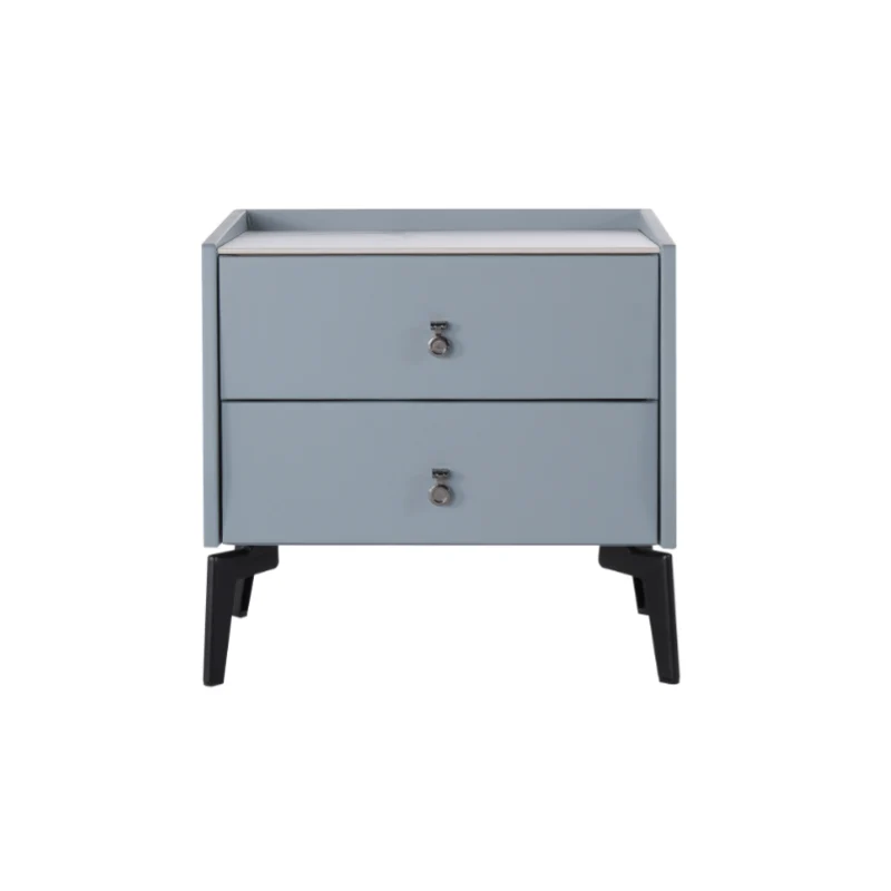 Stylish & Textured Nordic Nightstand - Sintered Rock Stone Top Airplane-Shaped Iron Legs Bedside Table 2-Drawer For Bedroom