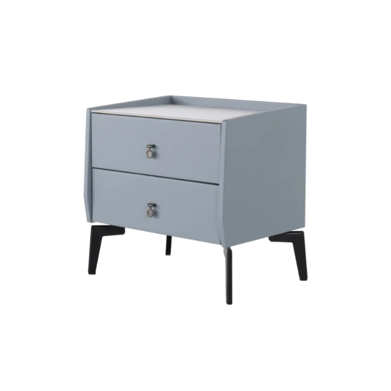 Stylish & Textured Nordic Nightstand - Sintered Rock Stone Top Airplane-Shaped Iron Legs Bedside Table 2-Drawer For Bedroom