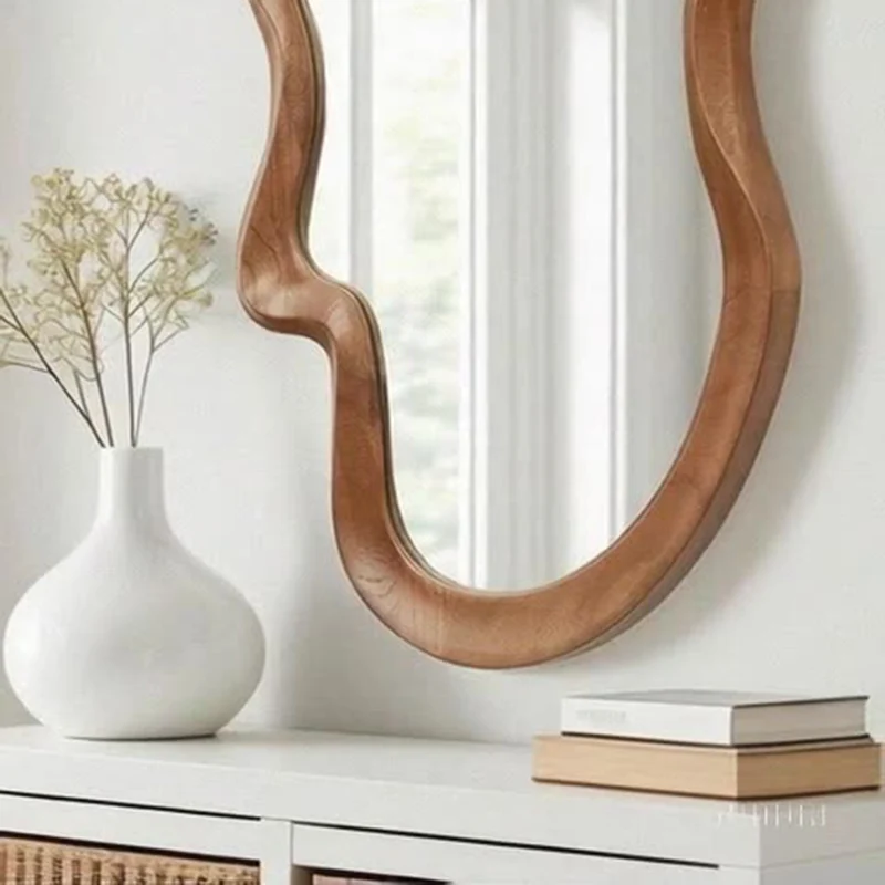 Traditional French Irregular Wavy Rubberwood Tempered Glass Wall Mirror For Bedroom