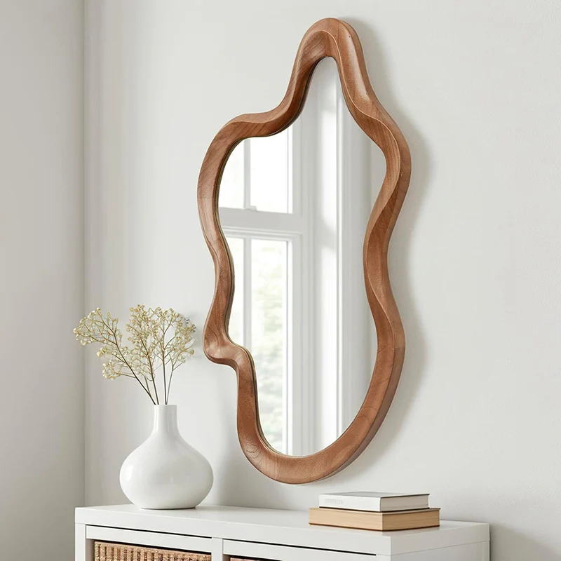 Traditional French Irregular Wavy Rubberwood Tempered Glass Wall Mirror For Bedroom