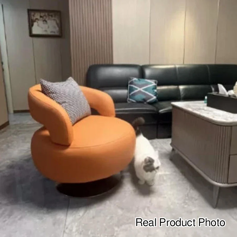 Contemporary Nordic Round Cat Scratch Leather Steel Plywood 360°Swivel Accent Chair Backrest Armrest For Living Room