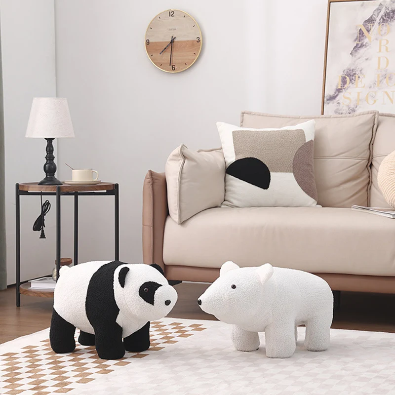 Contemporary Creative Kids Bear Shape Teddy Fleece Plywood Board Pine Wood Low Stool Backless Armless For Living Room