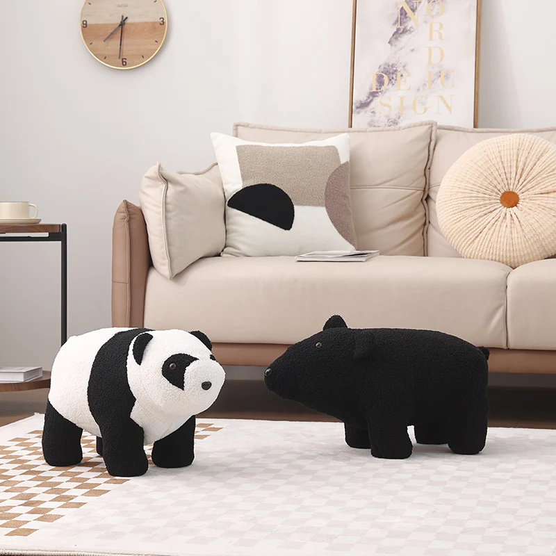 Contemporary Creative Kids Bear Shape Teddy Fleece Plywood Board Pine Wood Low Stool Backless Armless For Living Room