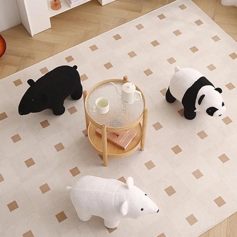 Contemporary Creative Kids Bear Shape Teddy Fleece Plywood Board Pine Wood Low Stool Backless Armless For Living Room