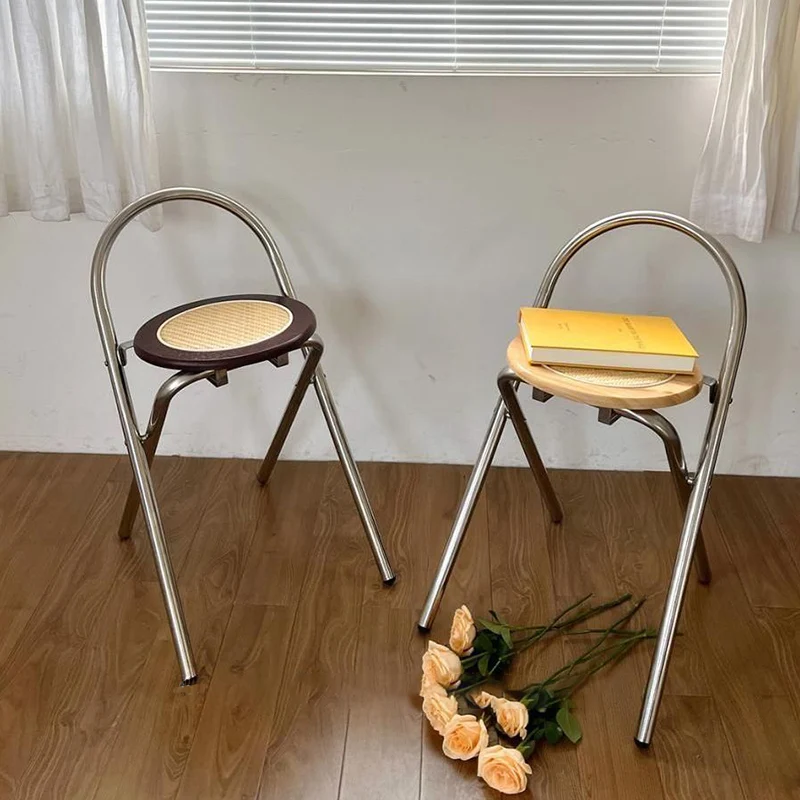 Modern Mid-Century Round Stainless Steel MDF Rattan Weaving Foldable Stool Backrest For Living Room