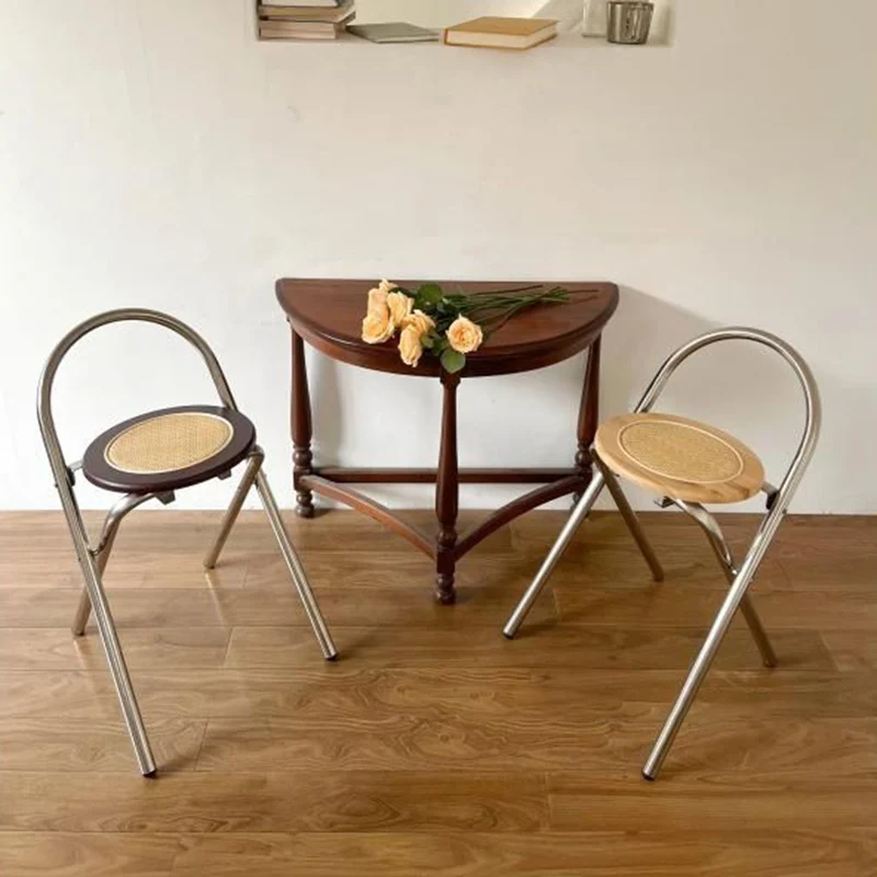 Modern Mid-Century Round Stainless Steel MDF Rattan Weaving Foldable Stool Backrest For Living Room