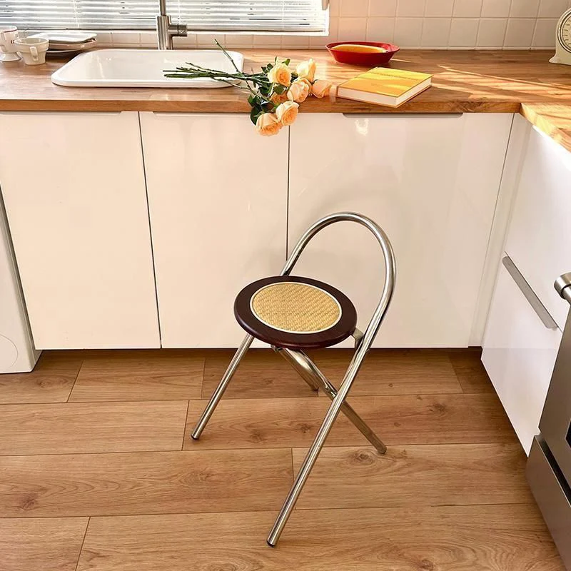 Modern Mid-Century Round Stainless Steel MDF Rattan Weaving Foldable Stool Backrest For Living Room