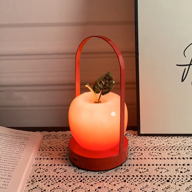 Modern Art Deco USB Rechargeable Apple Iron Glass Portable LED Table Lamp Night Light For Bedroom