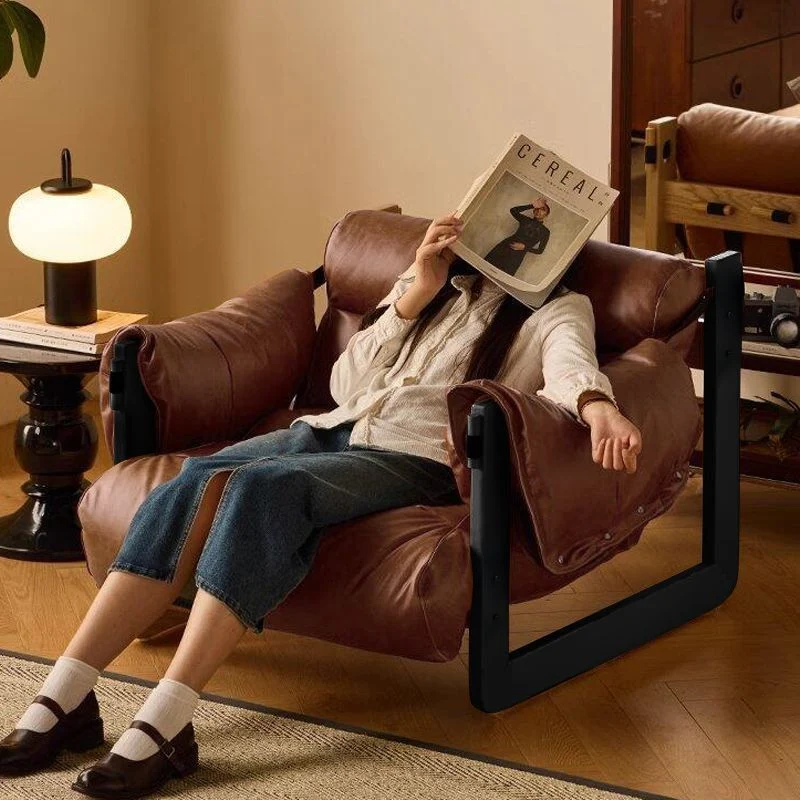 Contemporary Retro Square Rectangular Oil Wax Leather Iron Removable Accent Chair Backrest Armrest For Living Room