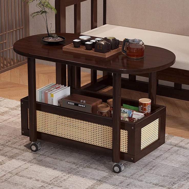 Traditional Vintage Bamboo Plastic Rattan Oval Rectangular Side Table With 1-Tier For Living Room
