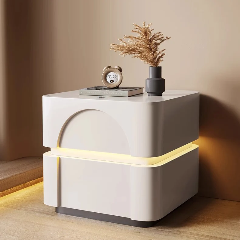 Contemporary Creative Solid Wood Carbon Steel Rounded Square Nightstand With 2 Drawers For Bedroom