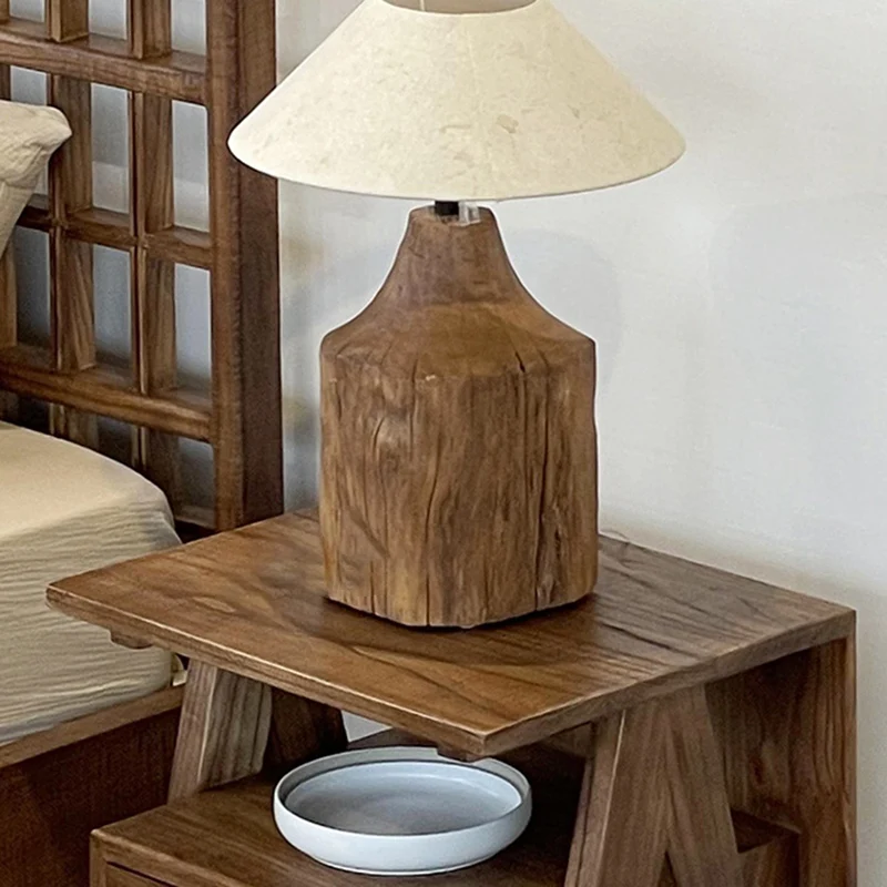 Traditional Japanese Solid Wood Square Nightstand With Inverted-V Legs 2 Tiers For Bedroom