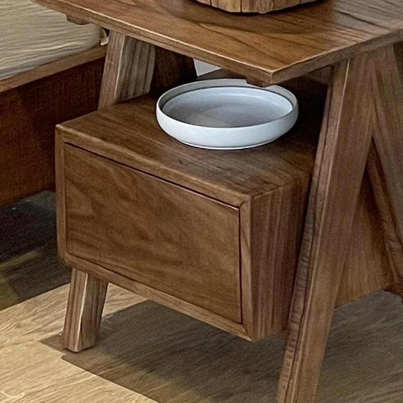 Traditional Japanese Solid Wood Square Nightstand With Inverted-V Legs 2 Tiers For Bedroom