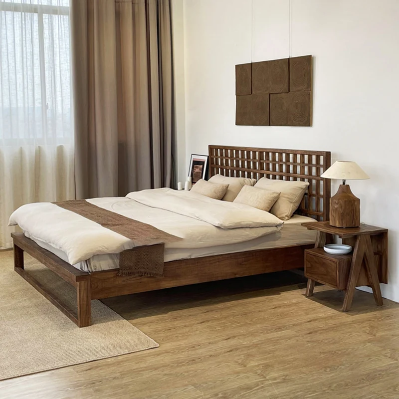 Traditional Japanese Solid Wood Square Nightstand With Inverted-V Legs 2 Tiers For Bedroom