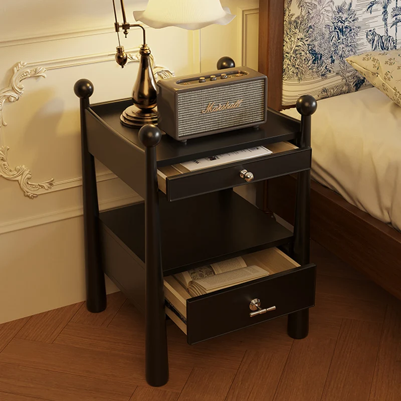 Traditional French Rubberwood Plywood Square Cylindrical Nightstand With 2 Drawers For Bedroom