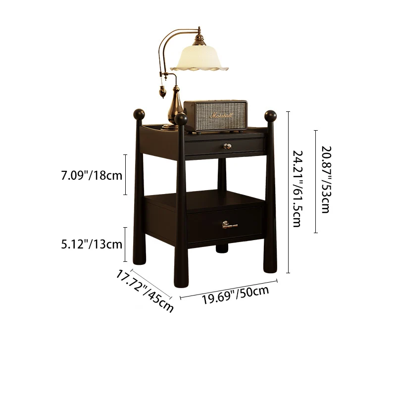 Traditional French Rubberwood Plywood Square Cylindrical Nightstand With 2 Drawers For Bedroom
