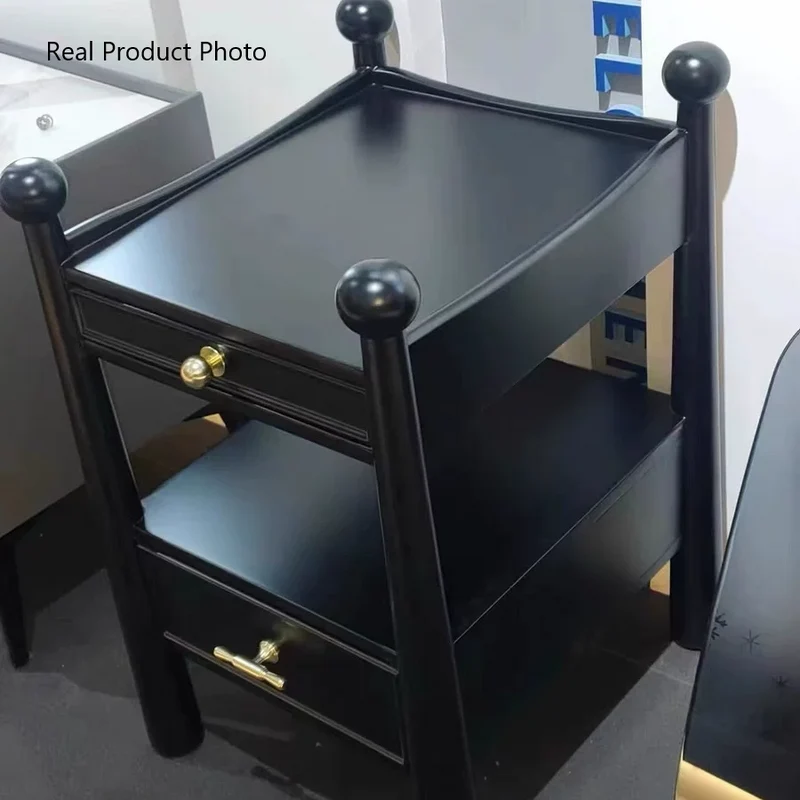 Traditional French Rubberwood Plywood Square Cylindrical Nightstand With 2 Drawers For Bedroom