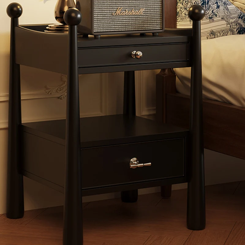 Traditional French Rubberwood Plywood Square Cylindrical Nightstand With 2 Drawers For Bedroom