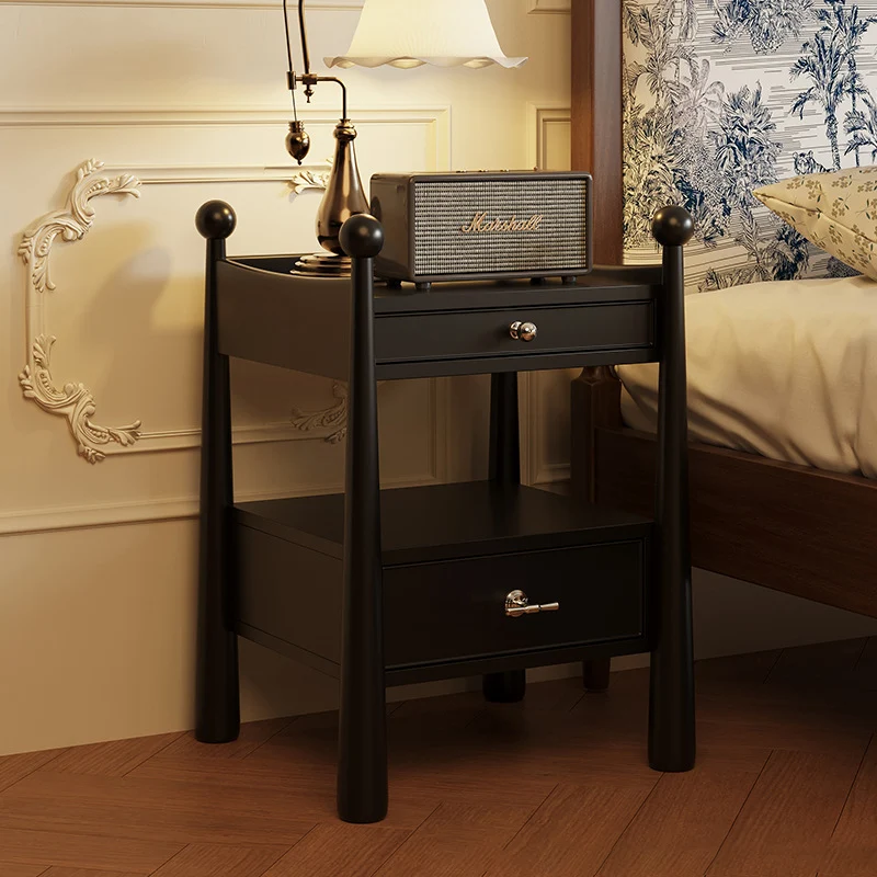 Traditional French Rubberwood Plywood Square Cylindrical Nightstand With 2 Drawers For Bedroom