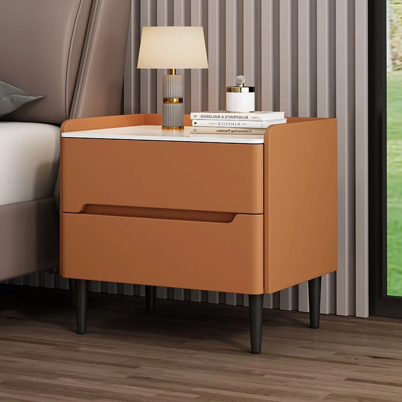 Modern Luxury Sintered Stone Pine Wood Nappa Leather Rounded Square Nightstand With 2 Drawers For Bedroom