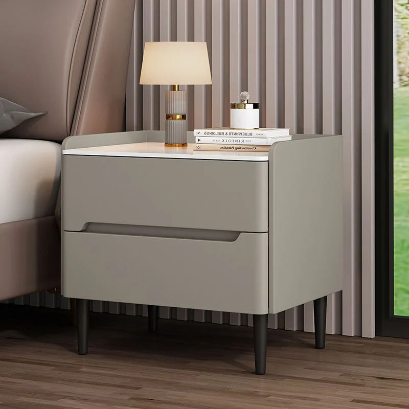 Modern Luxury Sintered Stone Pine Wood Nappa Leather Rounded Square Nightstand With 2 Drawers For Bedroom