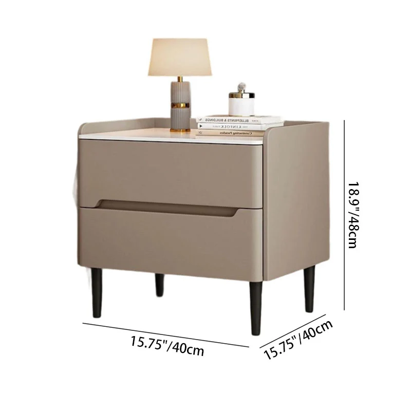 Modern Luxury Sintered Stone Pine Wood Nappa Leather Rounded Square Nightstand With 2 Drawers For Bedroom