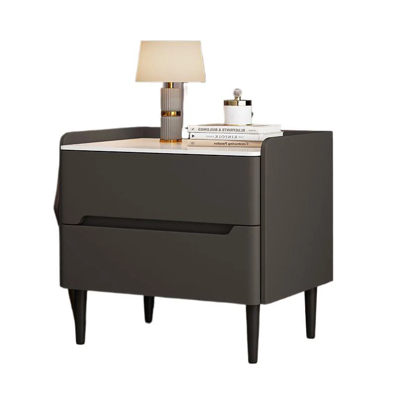 Modern Luxury Sintered Stone Pine Wood Nappa Leather Rounded Square Nightstand With 2 Drawers For Bedroom