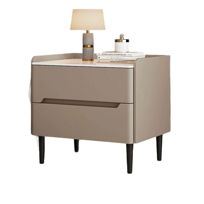 Modern Luxury Sintered Stone Pine Wood Nappa Leather Rounded Square Nightstand With 2 Drawers For Bedroom