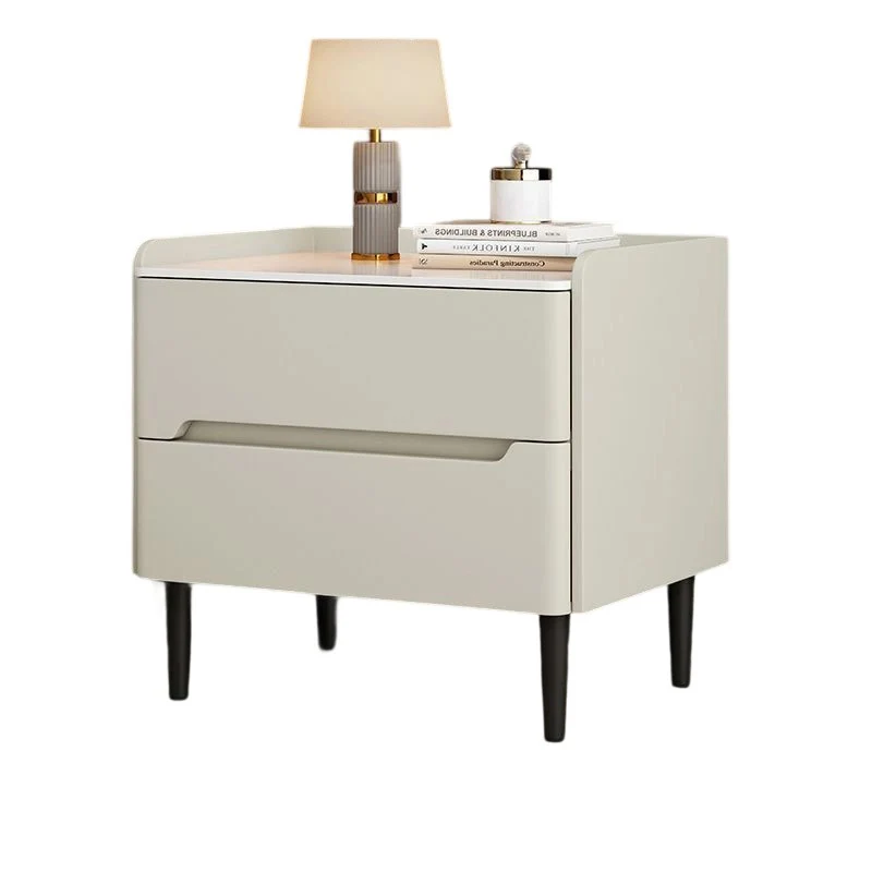 Modern Luxury Sintered Stone Pine Wood Nappa Leather Rounded Square Nightstand With 2 Drawers For Bedroom