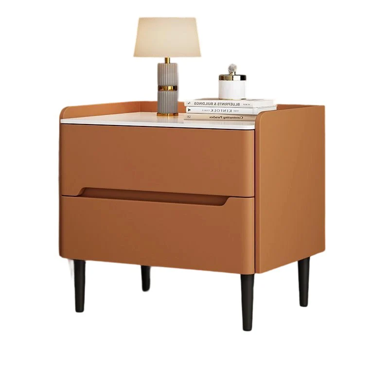 Modern Luxury Sintered Stone Pine Wood Nappa Leather Rounded Square Nightstand With 2 Drawers For Bedroom