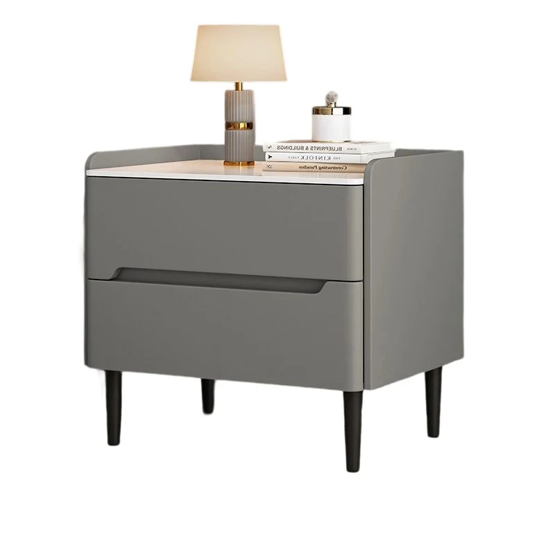 Modern Luxury Sintered Stone Pine Wood Nappa Leather Rounded Square Nightstand With 2 Drawers For Bedroom
