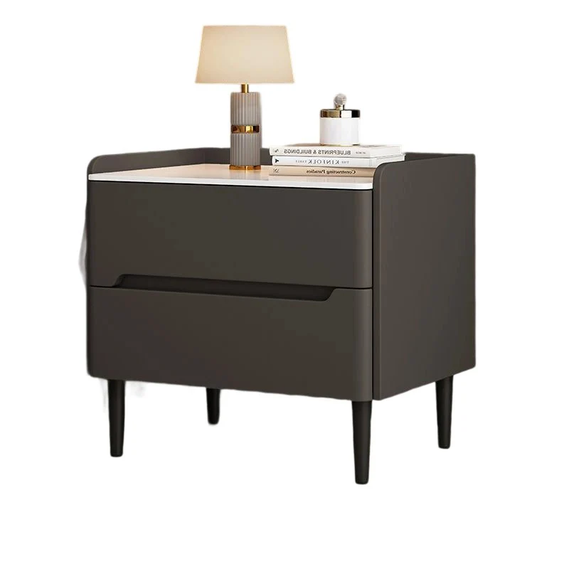Modern Luxury Sintered Stone Pine Wood Nappa Leather Rounded Square Nightstand With 2 Drawers For Bedroom