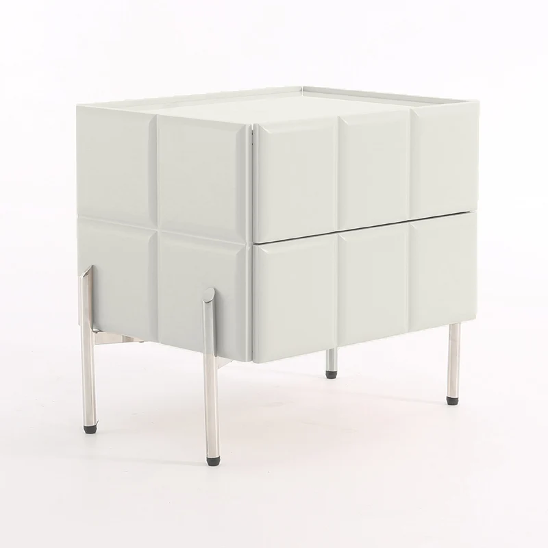 Contemporary Scandinavian Cream 2-Drawer Nightstand - Sintered Stone Top Embossed Cube Bedside Table For Bedroom