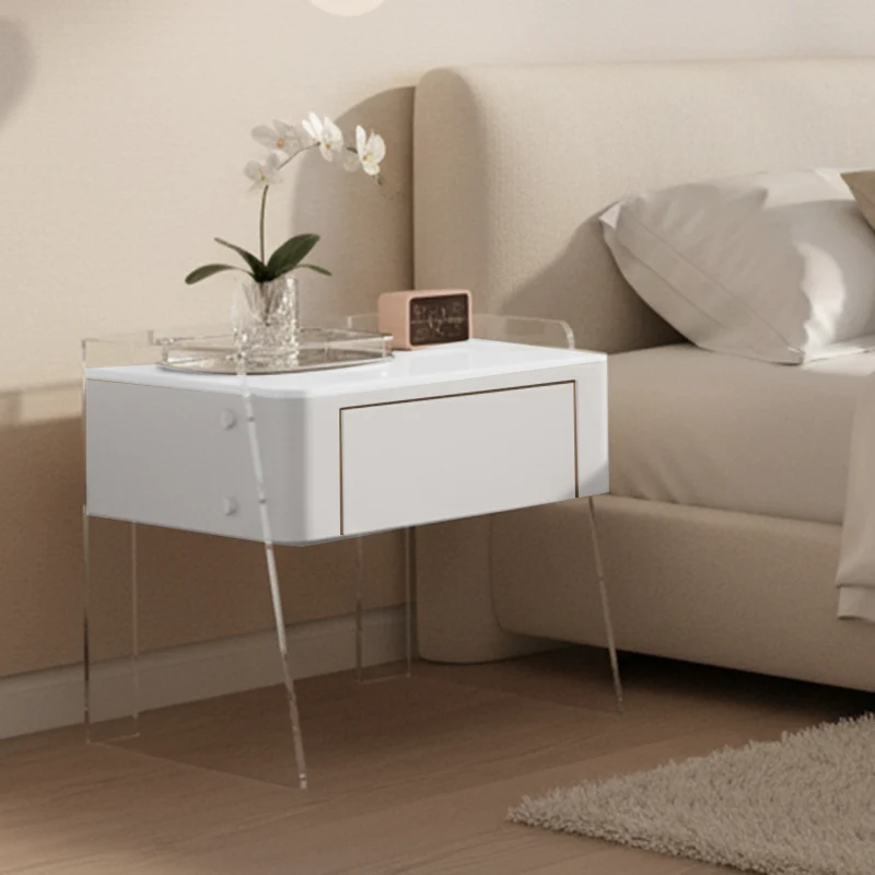 Modern Minimalist Cream White 1-Drawer Storage Nightstand - Acrylic High Legs Bedside Table For Bedroom