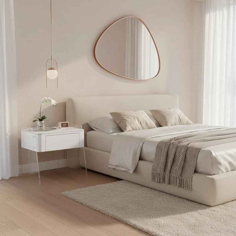 Modern Minimalist Cream White 1-Drawer Storage Nightstand - Acrylic High Legs Bedside Table For Bedroom