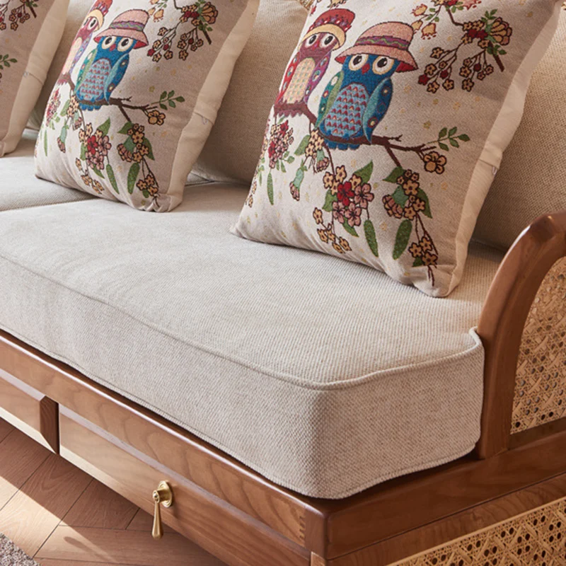 Contemporary Boho Curved Solid Wood Rattan Linen Accent Chair Backrest Armrest For Living Room