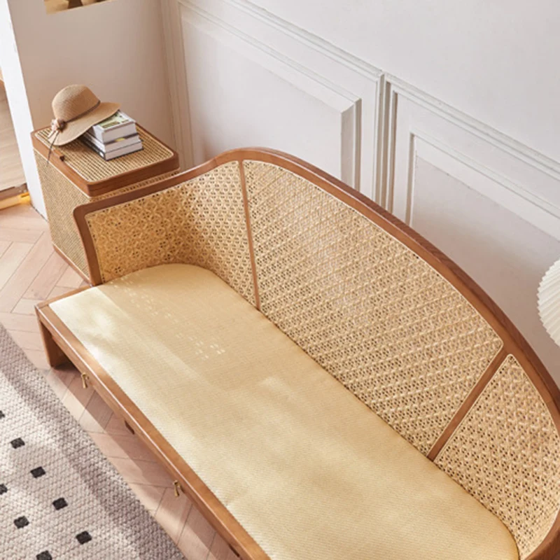 Contemporary Boho Curved Solid Wood Rattan Linen Accent Chair Backrest Armrest For Living Room