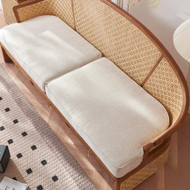 Contemporary Boho Curved Solid Wood Rattan Linen Accent Chair Backrest Armrest For Living Room