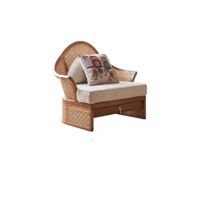 Contemporary Boho Curved Solid Wood Rattan Linen Accent Chair Backrest Armrest For Living Room