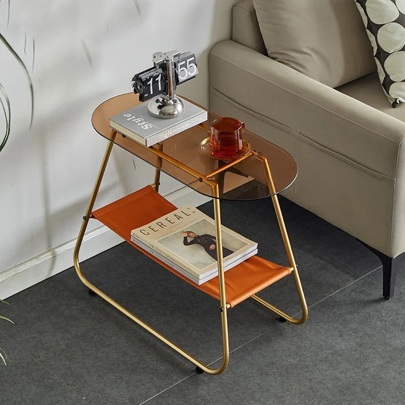 Modern Minimalist Trapezoidal Tempered Glass Artificial Leather Steel Side Table 2-Tier For Living Room