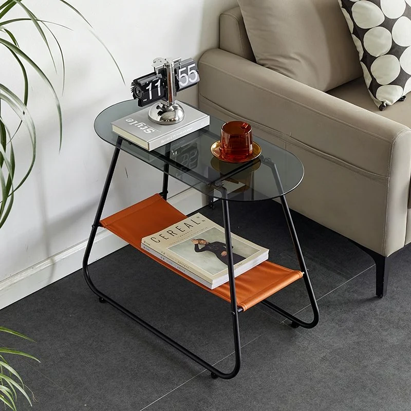 Modern Minimalist Trapezoidal Tempered Glass Artificial Leather Steel Side Table 2-Tier For Living Room