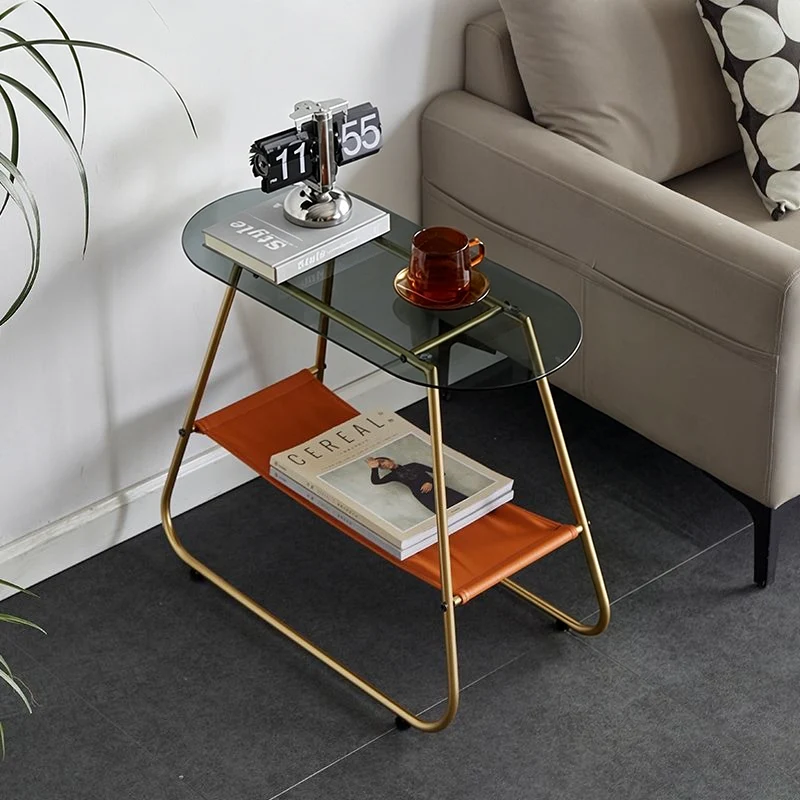Modern Minimalist Trapezoidal Tempered Glass Artificial Leather Steel Side Table 2-Tier For Living Room